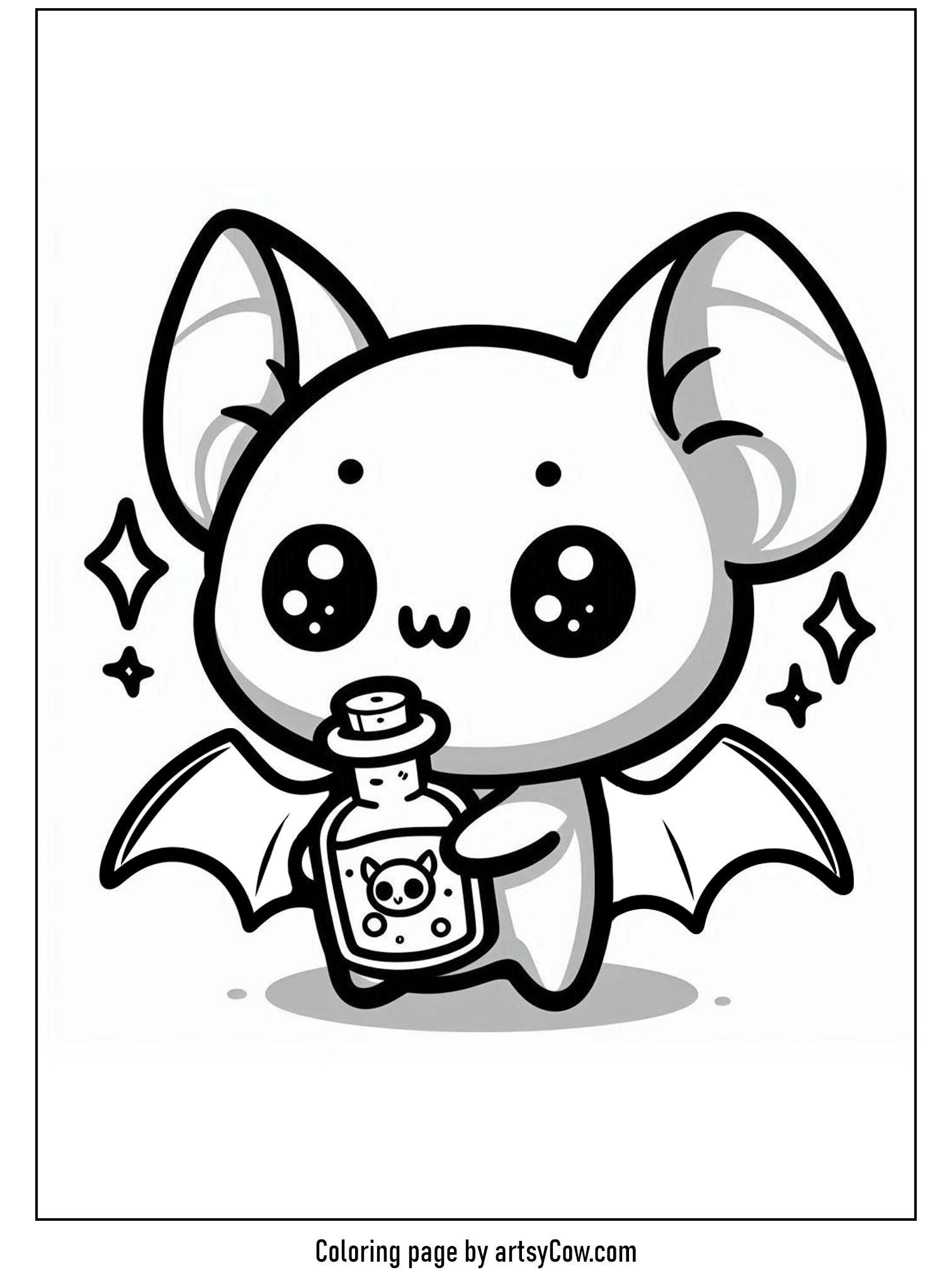halloween coloring pages with bats, featuring a cute bat holding a magic potion bottle.